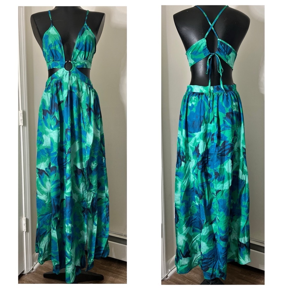 Green Blue Cut Out Side Slit Maxi Dress - NWOT
